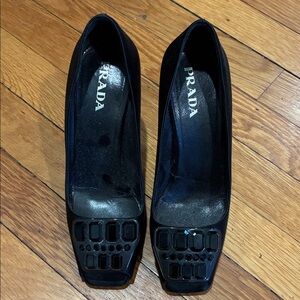 Prada Black Square-Toe Jeweled Leather Pumps